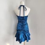 Jessica McClintock Y2K Teal Satin Halter Ruffle Drop Waist Mini Homecoming Dress Photo 6