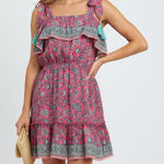 ALICIA BELL Floral Print Tassel Tie Shoulder Dress XL Red Blue Silk Cotton Photo 0