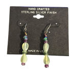 Handcrafted Sterling Silver Finish Art Glass Dangle Earrings Hook 2" New on Card Green Photo 0