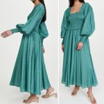 Abacaxi Eva Dress Teal Metallic Cotton Maxi Puff Sleeve Smocked Bodice Sz Large Green Photo 11