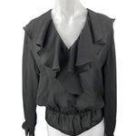 Liz Claiborne Black Long Sleeve Ruffle Collar V Neck Blouse Bodysuit Top Size 8 Photo 0