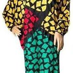 1980s Guy Laroche Silk Colorblock Mosaic Printed Dress Dolman sleeve size small Black Photo 0