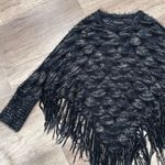 Frazzle Women's Eyelash Knit With Sleeve Fringe Poncho Sweater Black Blue Medium Photo 10