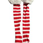 Christmas Socks Red & White Candy Cane Striped Knee High Whi Plush Cuff Costume Photo 0