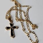 20" Gold Figaro Chain and Black Enamel Cross Pendant New Photo 2