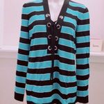 Michael Kors  Sweater Striped Lace-Up V-Neck Knit Top Blue Black Size XL Photo 1
