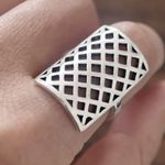 Boutique Solid Statement Ring White Gold Plated Sterling Adjustable‎ Lattice Wide Band Photo 1