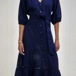 Madewell  Tie-Waist Tiered Midi Dress Windowpane Navy Blue Button Up Size 8 Photo 2