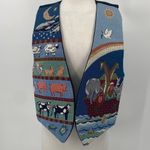 Vintage Noahs Ark Needlepoint Embroidered Animals Vest Open Front Blue Womens L Size L Photo 1
