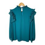 JODIFL  Pleated Ruffle Bubble‎ Sleeve Teal Blue Blouse Women Size Medium Photo 6