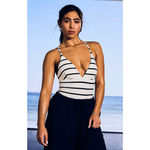 CALIA Swim Triangle Strappy Back One Piece White/Blue Stripe Mesh 12 NWT Black Photo 6
