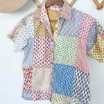 Sacred Threads Patchwork Short Sleeve Button Down Top Photo 2