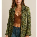 Free People  Wool Blend Knit Cardigan Open Front S/P Green Yellow Boho Layer Photo 0