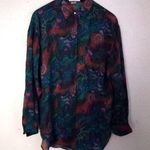 Punch Vintage L Silk Button Down Volcano Sun Pattern Top Blouse Turquoise Tan Green Size L Photo 0