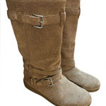 Coach  Thelma Suede Mid-Calf Boots Tan Embossed Buckle Womens 8.5 Shearling Lined Photo 0