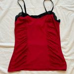 Cache Red & black corset style ruched cami top with black floral lace detailing Photo 0