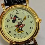 Vtg Minnie Mouse Quartz analog watch 31mm gold tone black leather band running Photo 1
