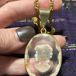 Etched Glass Cameo Pendant on Gold Tone Chain Photo 0