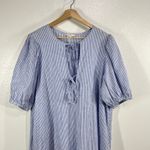 H&M  Linen Blend Stripe Midi Dress 2XL Blue White Puff Sleeve Tie Front Sundress Photo 5