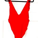 One Piece Swimsuit V neck Backless Solid Ruffle Strap Red sz Large Photo 3