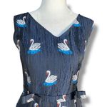 Retro Navy Blue Swan Print Sleeveless Fit and Flare Dress Bow Detail V Neckline Photo 4