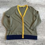 Talbots  Cardigan Sweater Womens XL Petite Olive Green Navy Yellow Trim Cotton Photo 0