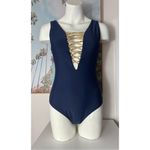 Cover Girl Navy Blue Gold Metallic Lace Up V Photo 5