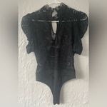 Valentine black lace thong bodysuit, high neck, front opening, elbow sleeves; M Size M Photo 3