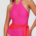 HERMOZA Pink Genevieve High Neck Halter Sash Tie One Piece Swimsuit Size 12 New Photo 0