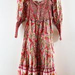 Farm Rio  Macaw Flight Smocked Cotton Long Sleeve Midi Dress Pink Red Small Photo 3
