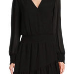 Michael Kors  Georgette Mini Dress Medium Black Long Sleeve Smocked Wrap Party Photo 0