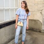 CAbi  Linen #5343‎ Wing Blue Seersucker Striped Tunic Top Womens Size S Short Slv Photo 1