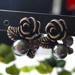 Silver with Grey Pearl Rose Flower Necklace Earrings Set Photo 3