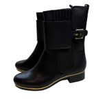 Source Unknown Black Leather Ankle Boots Gold Buckle Zip Side Elastic Ankle Booties Size 75B Photo 0