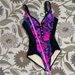 Slimsuit Vintage Swimsuit Floral One Piece Gold Button USA 12 14 Purple Photo 3