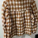 Brown Tan Puff Sleeve Blouse with Mandarin Collar Photo 1