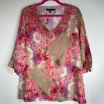 Robert Kitchen XL Blouse Cotton Silk Blend 3/4 Sleeve Rose Floral Tunic Photo 0