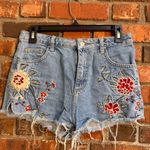 Top Shop women’s Moto mom embroidered distressed denim jean shorts blue 6 Photo 0