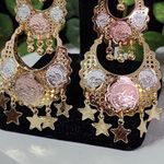 Boho Tricolor Gold Big Dangling Chandelier Filigree Earrings Photo 3