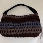 MAROON BLUE BROWN CROCHETED CHENILLE SHOULDER BAG WITH BLACK FELT STIFF HANDLE Red Photo 0