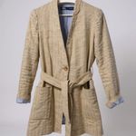 ZARA  Womens Cotton Linen Blend Striped Belted Blazer khaki Blue Small Photo 0