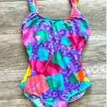 Vintage Island Native Swimsuit Leotard Hawaiian Floral Neon 14 80s 90s Purple Size 12 Photo 1
