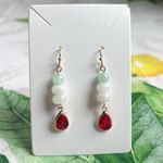 Ruby Earrings, Chrysoprase White Jade, Bead Dangle Drop Earrings, Boho, Casual Red Photo 0