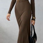 Commense Brown Asymmetrical Cropped Long Sleeve Top & Maxi Skirt Set XS NWT Photo 0