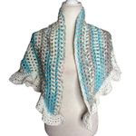 Handmade Blue Grey White Crochet Knit Shawl Wrap With Ruffled Edges Soft NEW Photo 4