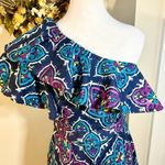 Natori Josie  One-Shoulder Ruffle Peplum Mini Dress Colorful Print Size 6💛 Photo 5