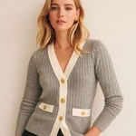 Adrianna Papell Grey Ribbed Cable Knit V-Neck Gold Button Sweater Cardigan Small Photo 0