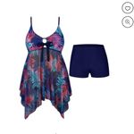 #0030 Chama Plus Size V Neck Swimsuit Sexy Mesh Tankini with Boyshorts Blue Photo 3