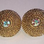 Vintage Gold Tone AB Rainbow Rhinestone Chunky Round Dome Retro Boho Earrings Photo 0