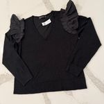 New York & Company NWT Ruffle Shoulder Long Sleeve Top Womens Large Black Classy Photo 1